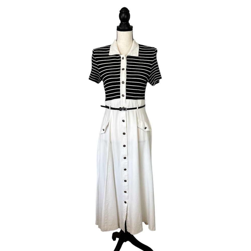 Vintage 1980s John Robert’s Black White Button Short Sleeve Shoulder Pads Dress